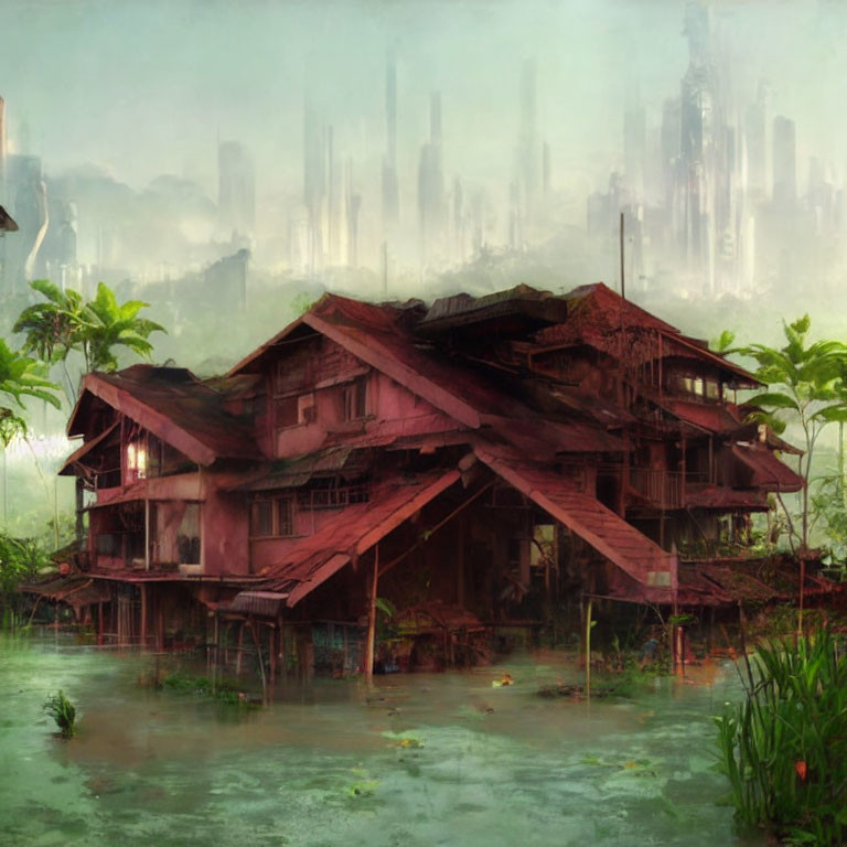 Decaying wooden buildings in swamp with lush greenery and misty city skyline.