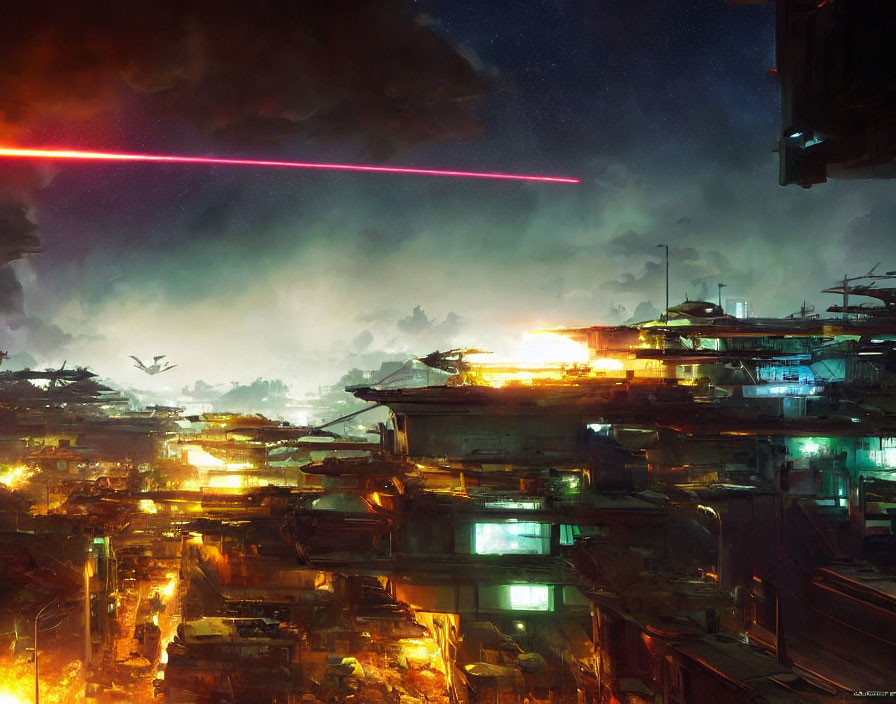 Nighttime futuristic cityscape with layered buildings, flying vehicles, and red laser beam.