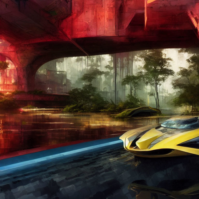 Futuristic yellow vehicle in sci-fi cityscape with red bridge and misty forest