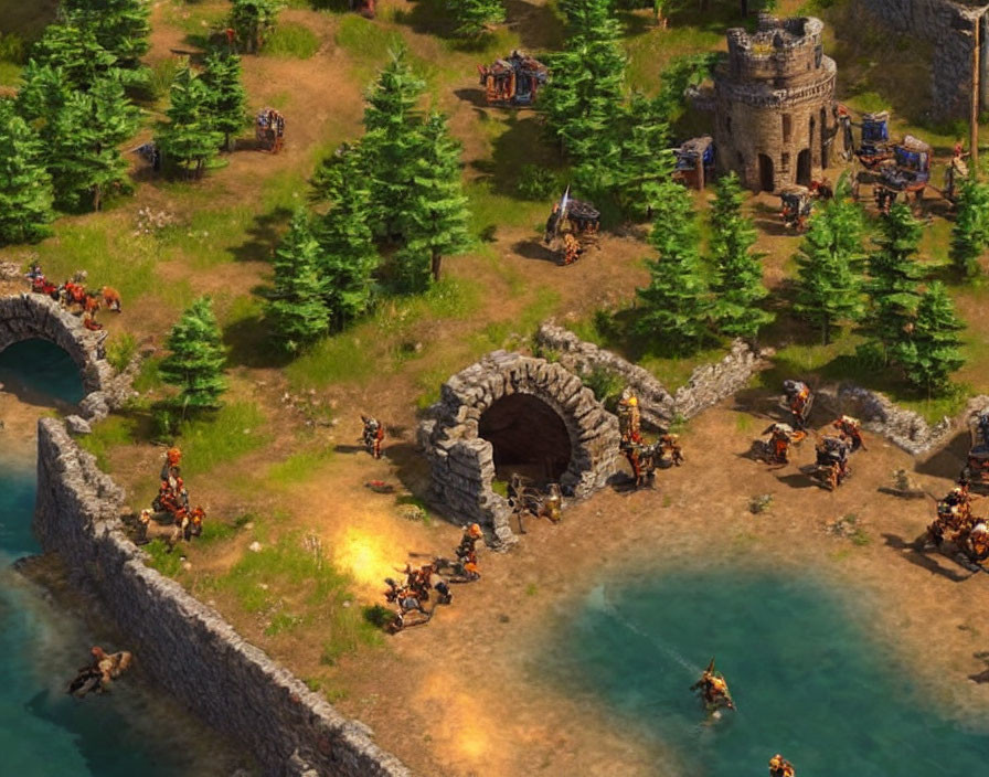 Medieval-style RTS Game Scene with Horses, Castle, River, and Bridges