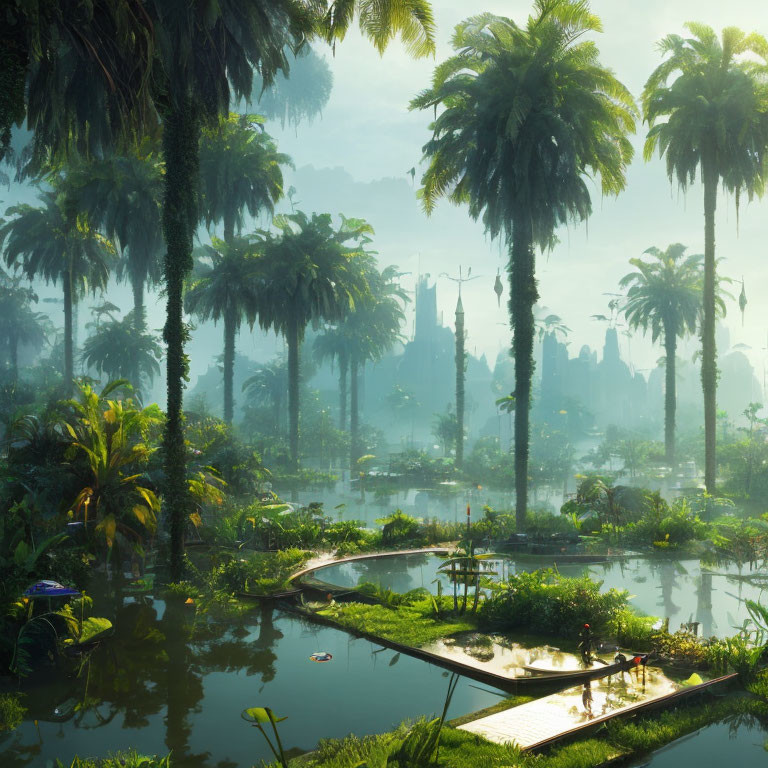 Tranquil tropical landscape with palm trees, pond, and ancient ruins