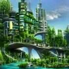 Futuristic multi-level buildings surrounded by lush greenery and misty forested backdrop