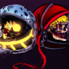 Stylized skulls with helmets: golden visor with blue flames, red hood with red flames on
