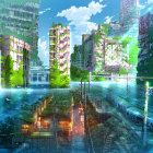 Futuristic cityscape with greenery and submerged buildings.