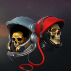 Stylized skulls in astronaut helmet and red cap with headphones on dark background
