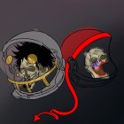 Stylized skull illustrations in astronaut and pilot helmets with red audio cable on dark background
