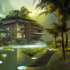 Futuristic treehouse-style buildings in lush jungle with serene waterway