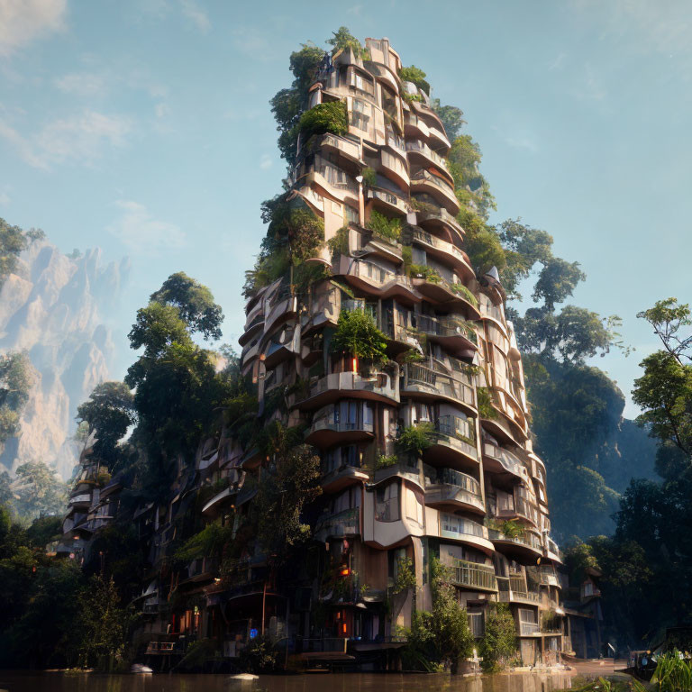 Eco-Friendly High-Rise Building with Green Balconies in Forest Setting