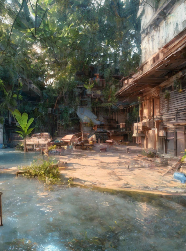 Abandoned courtyard with dilapidated buildings and scattered furniture