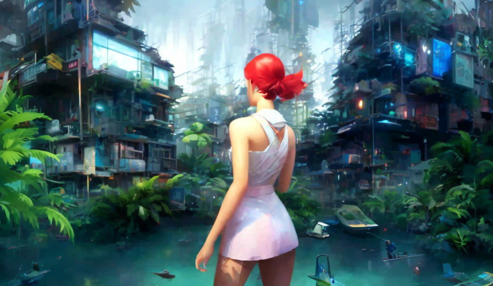 Red hairband person in front of futuristic cityscape with vegetation and waterways
