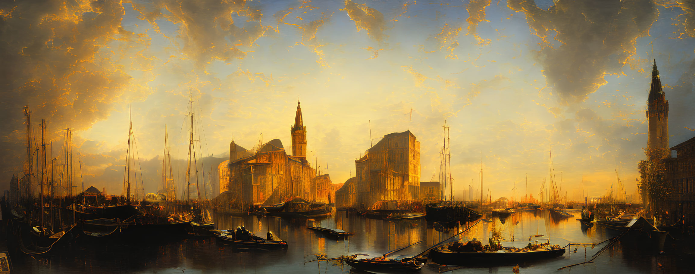 Golden-hued painting of bustling harbor with boats and dramatic sky