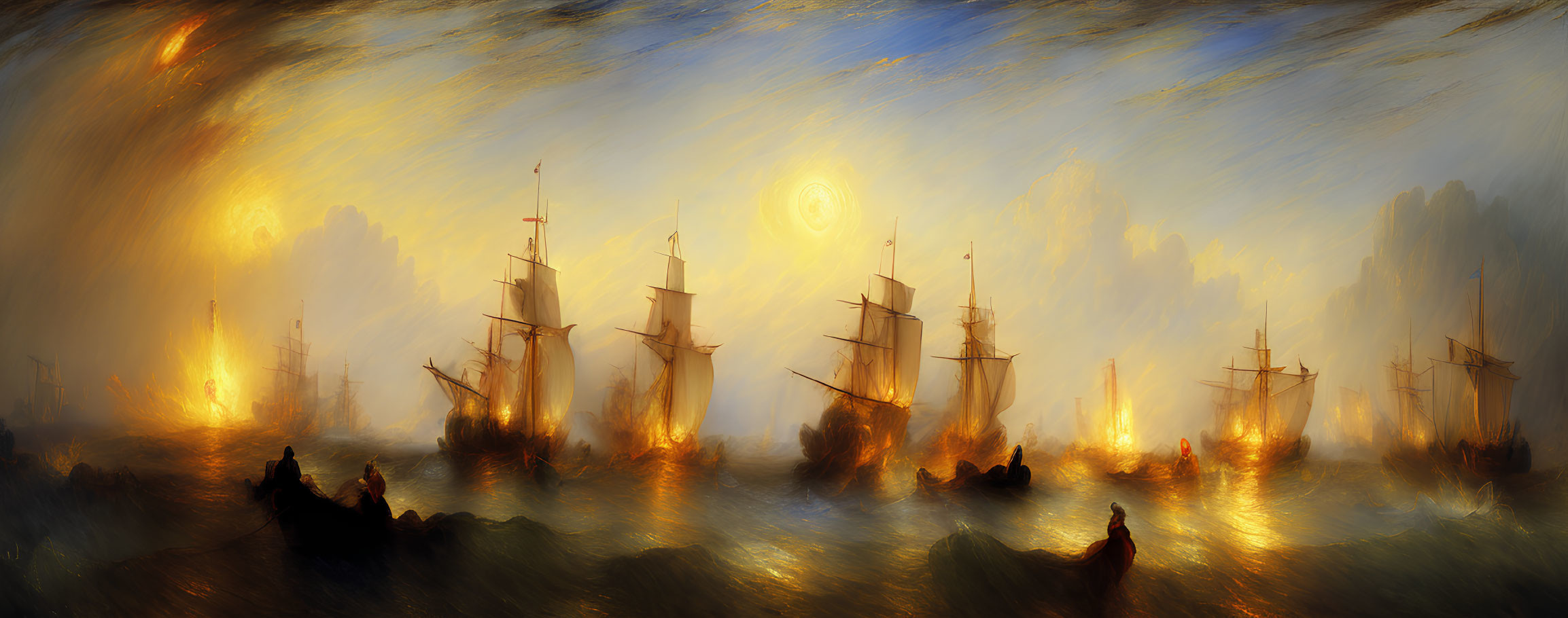 Panoramic artwork featuring ships on turbulent seas and fiery sky