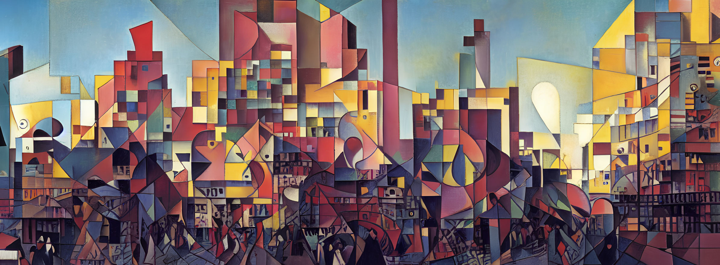 Cubist cityscape painting with vibrant colors and geometric shapes