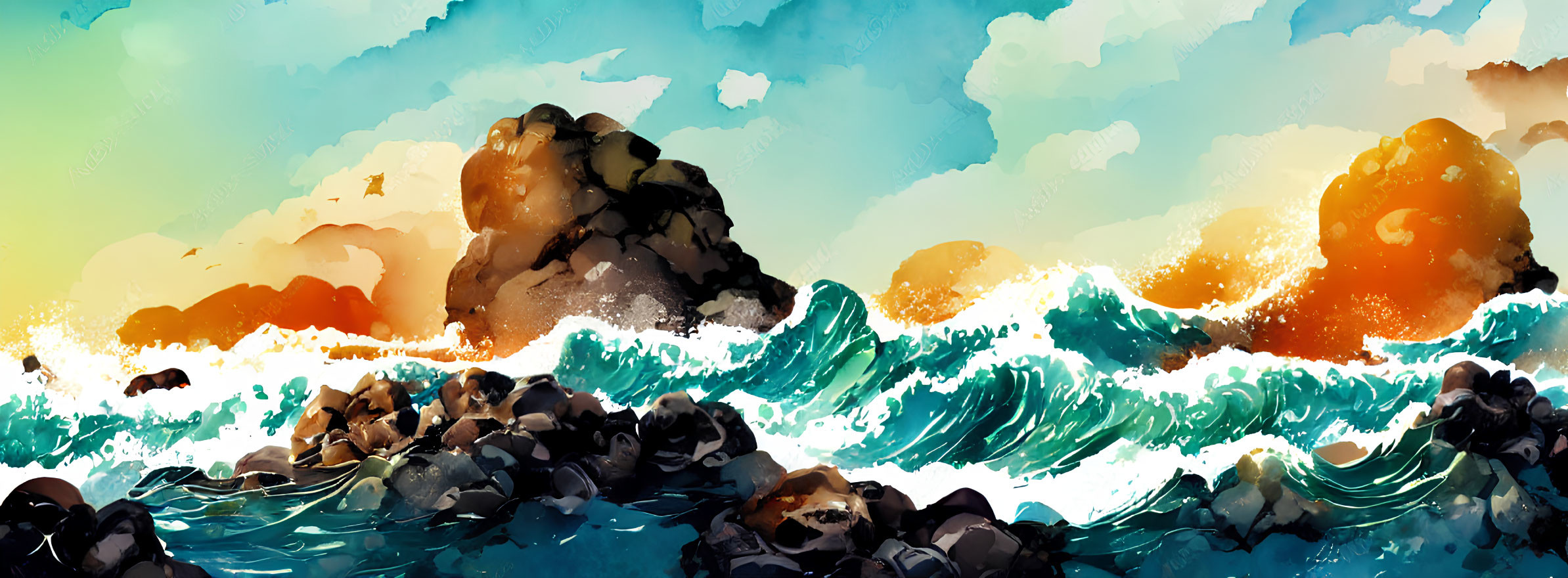 Vivid digital artwork: Waves crashing on rocks with colorful sky