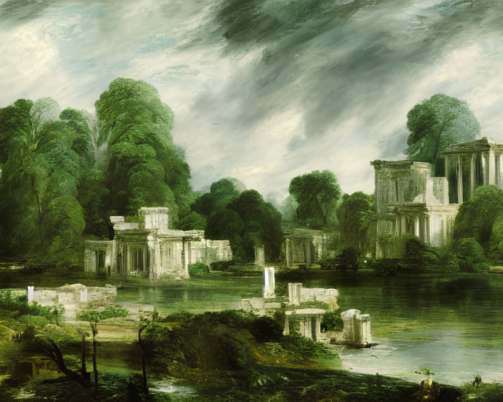 Panoramic landscape painting: lush green forests, ancient ruins, temples, serene lake, dramatic cloudy