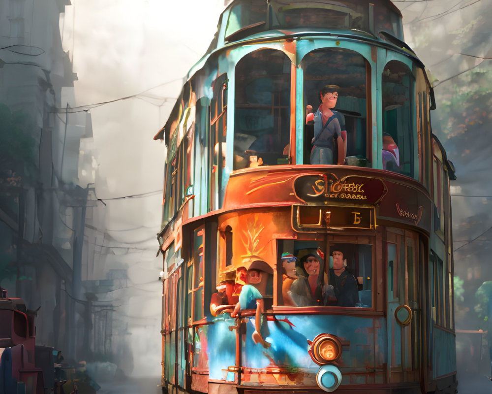 Vintage tram with passengers on misty, sunlit street