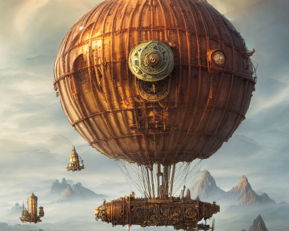 Steampunk-style airship with ornate balloon above mountain peaks