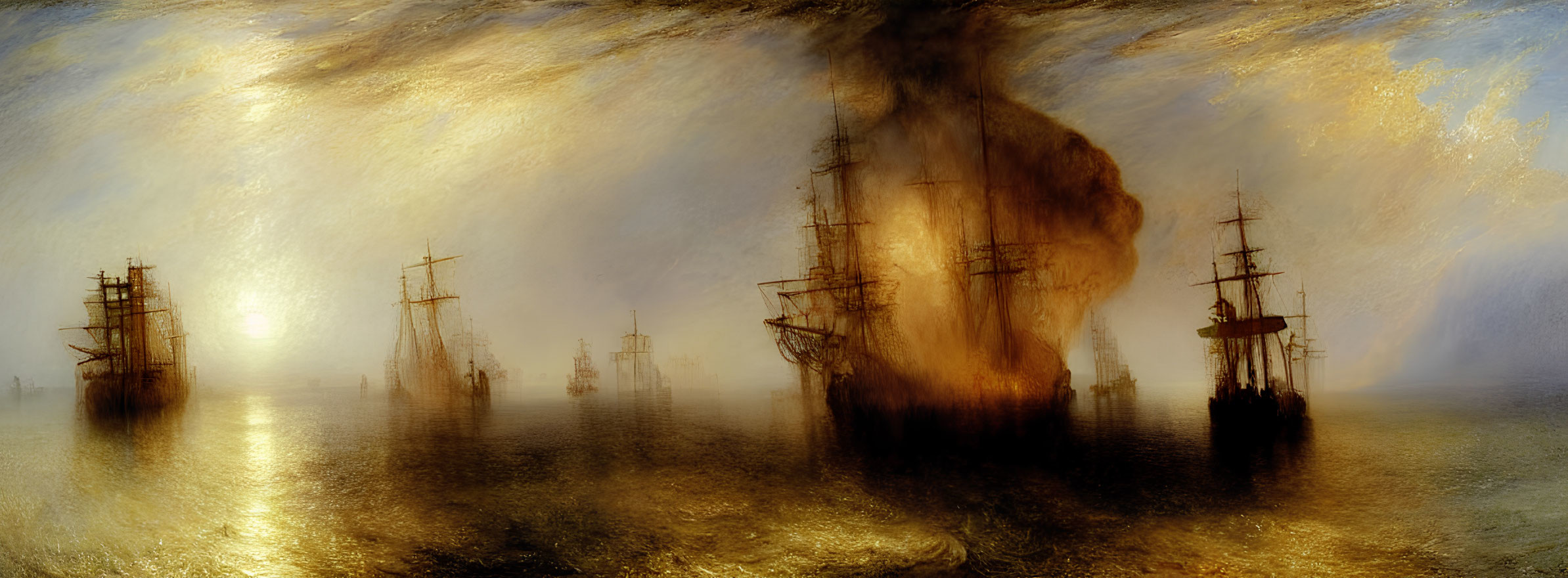 Tall ships with sails ablaze on misty golden sea