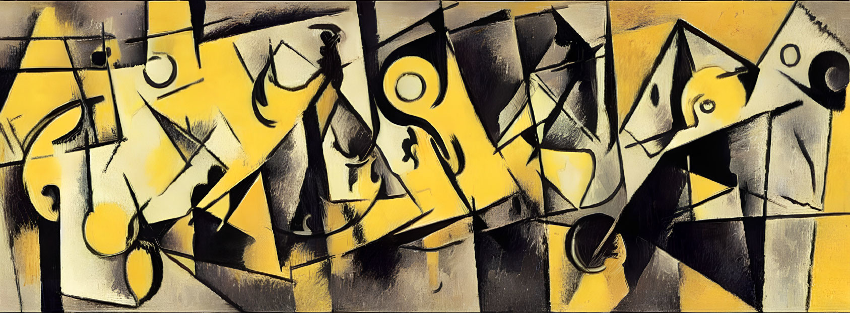 Abstract Picasso-style Painting with Disjointed Figures and Geometric Shapes in Black, Yellow, and White