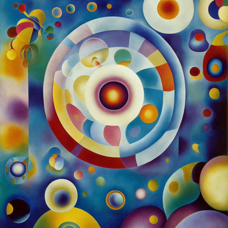 Vibrant Abstract Painting with Concentric Circles and Orbs in Blue, Yellow, and Red
