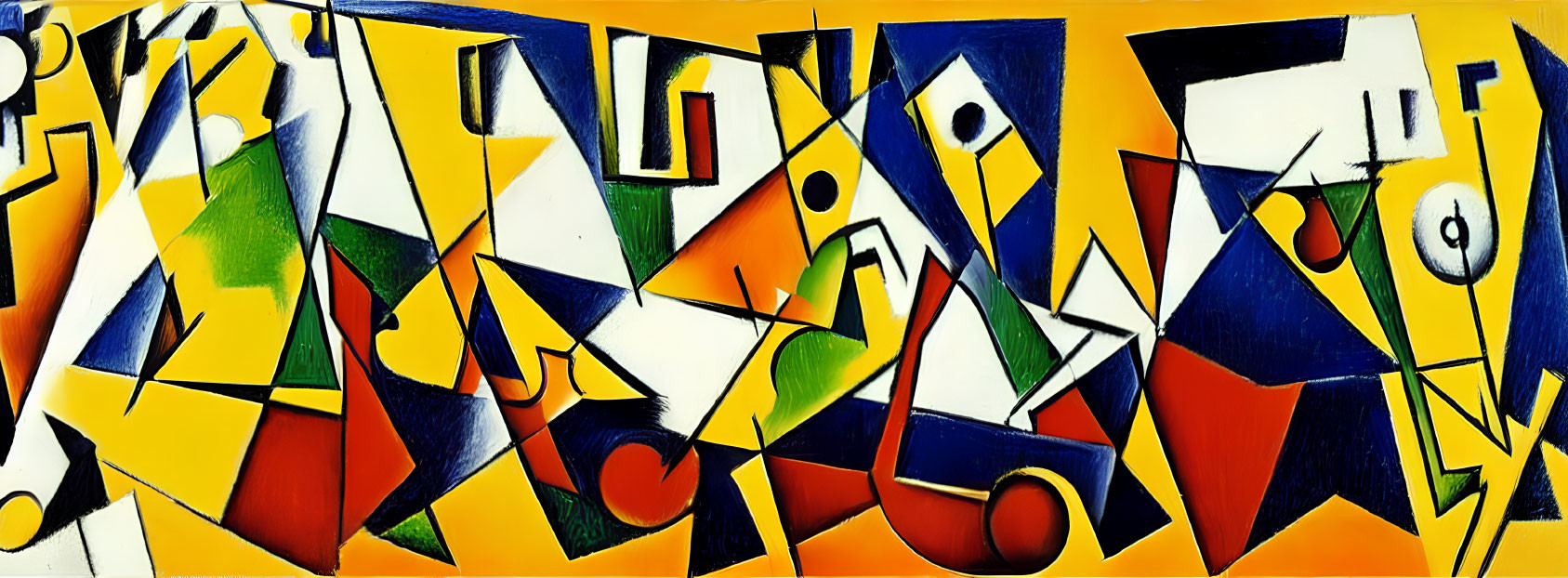 Vibrant geometric painting with yellow, blue, red, white, and black shapes