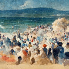 Panoramic beach scene with diverse groups sunbathing and swimming