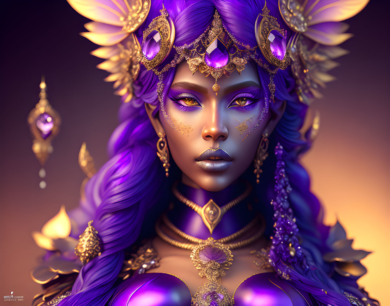 Violet-skinned woman with golden headdress and purple hair portrait.