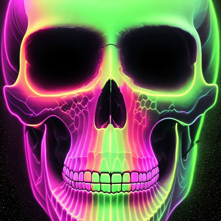 Colorful Neon Skull on Starry Background with Pink, Yellow, Green, and Purple Hues