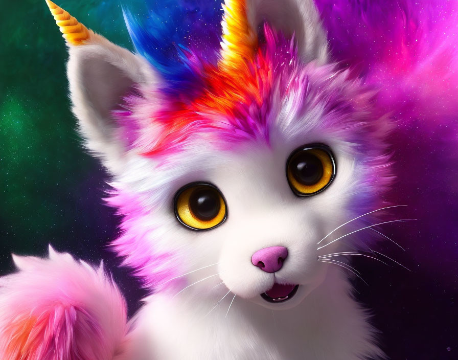 Whimsical unicorn-cat hybrid with rainbow mane & cosmic background