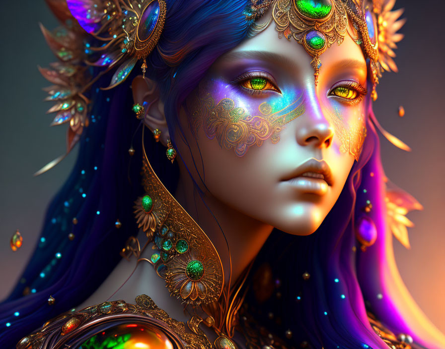 Fantasy character with blue skin and ornate golden headgear in colorful mystical setting