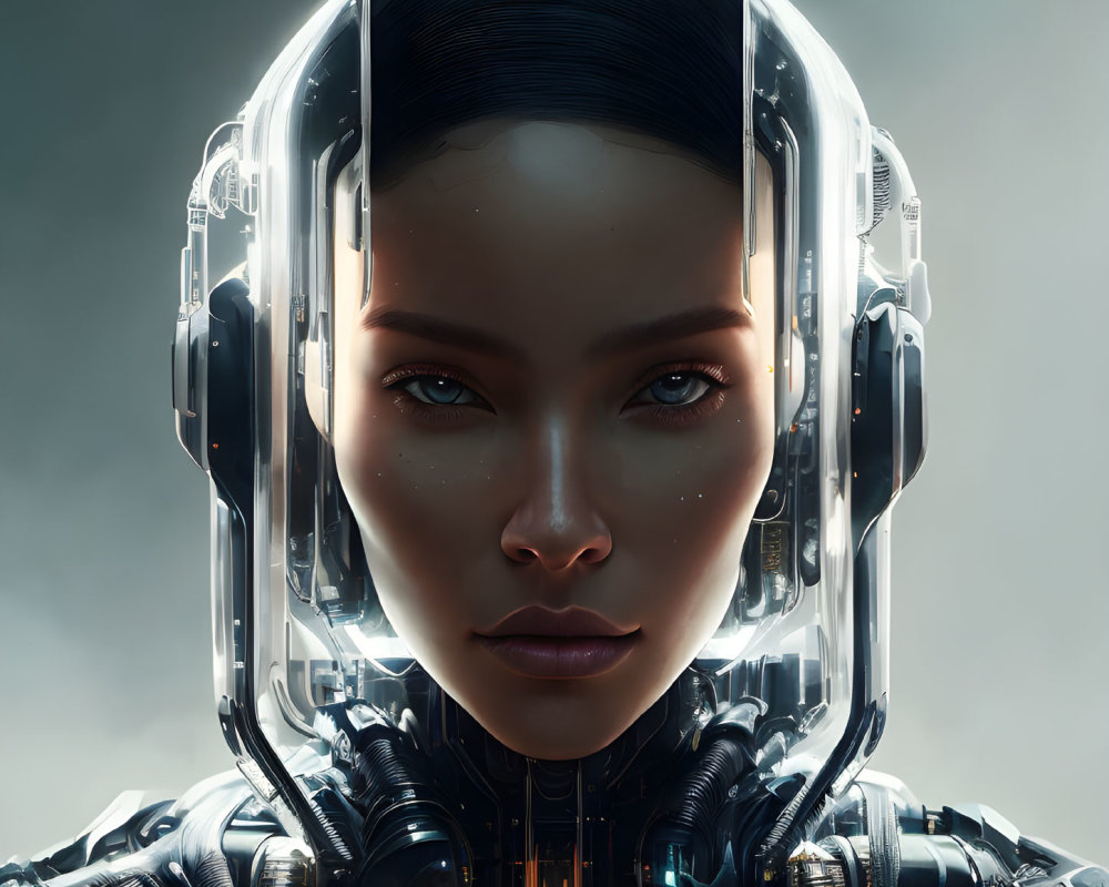 Detailed close-up of female android with realistic face and transparent headgear.