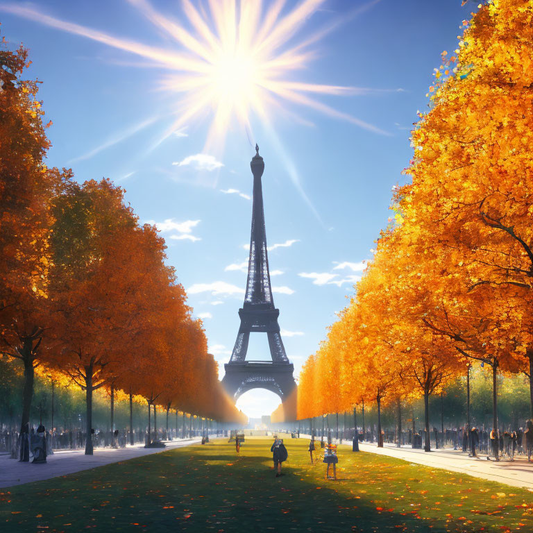 Paris Autumn Landscape: Eiffel Tower, Golden Trees, Sunburst Sky, People Strolling