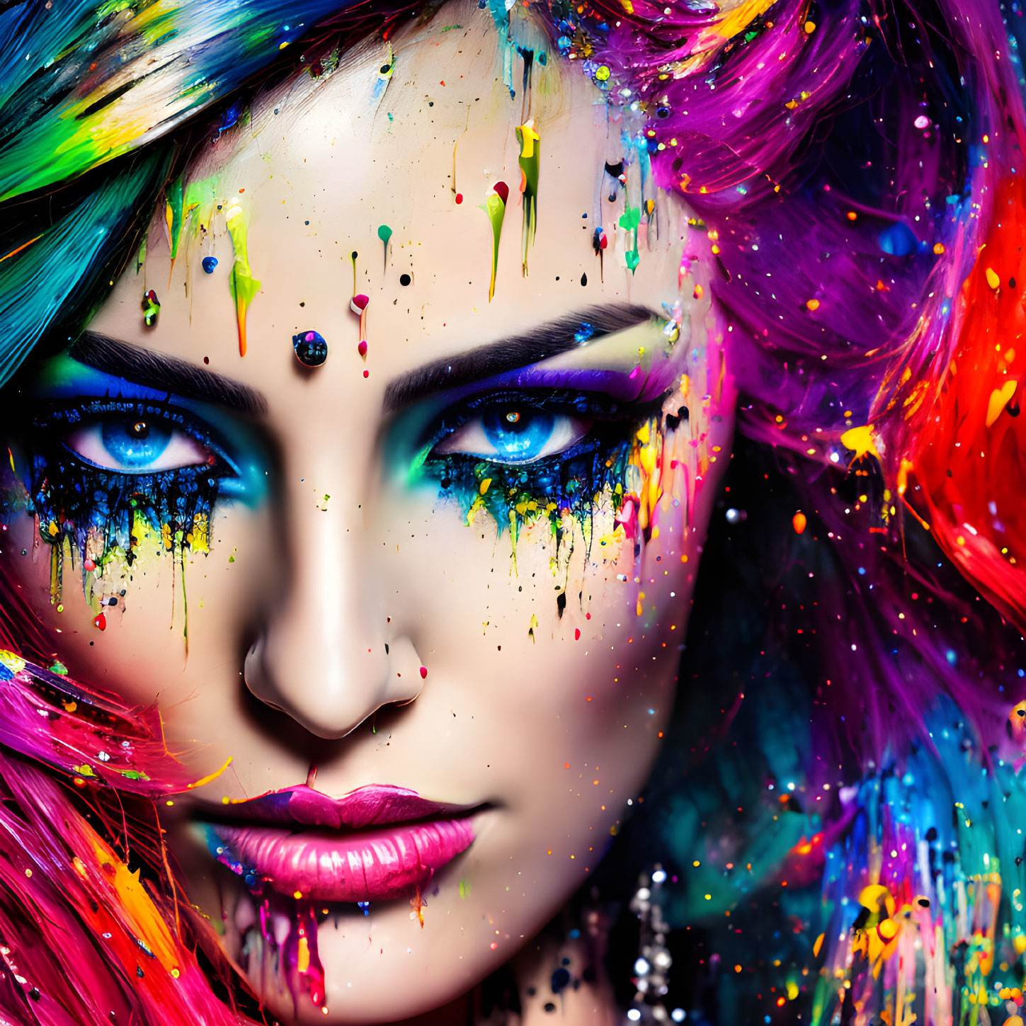 Colorful portrait of woman with multicolored hair and makeup and paint splatters