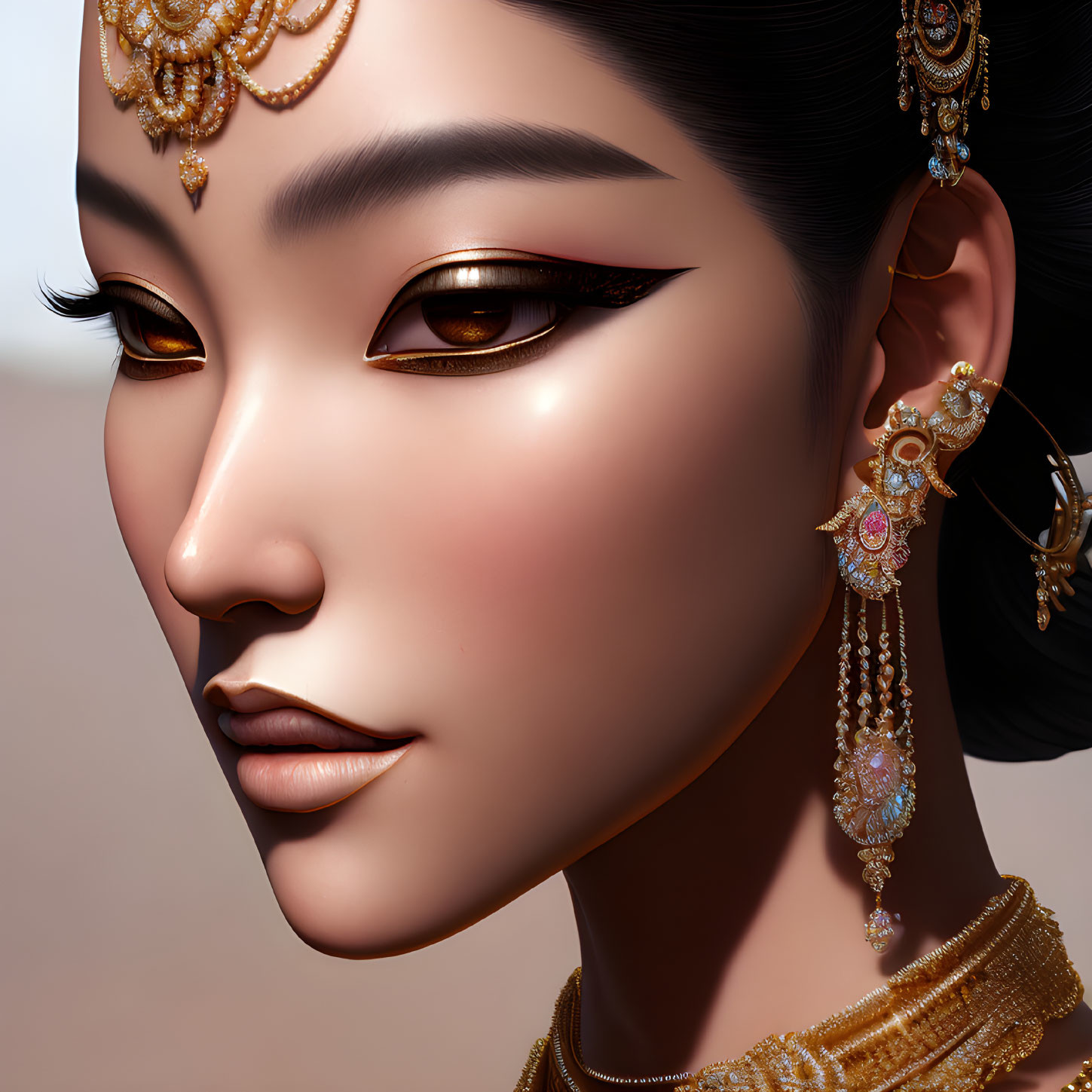 Detailed Close-Up of 3D-Rendered Woman in Gold Jewelry