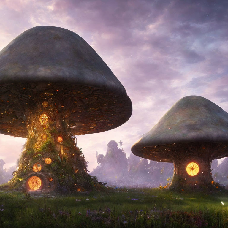 Mystical landscape with giant mushroom-shaped structures at dawn