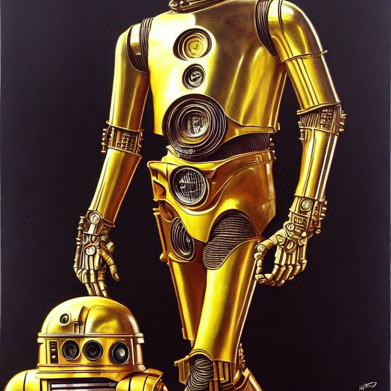 Famous Star Wars droids in a painting on black background