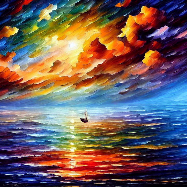 Vivid sunset painting with ocean and sailboat