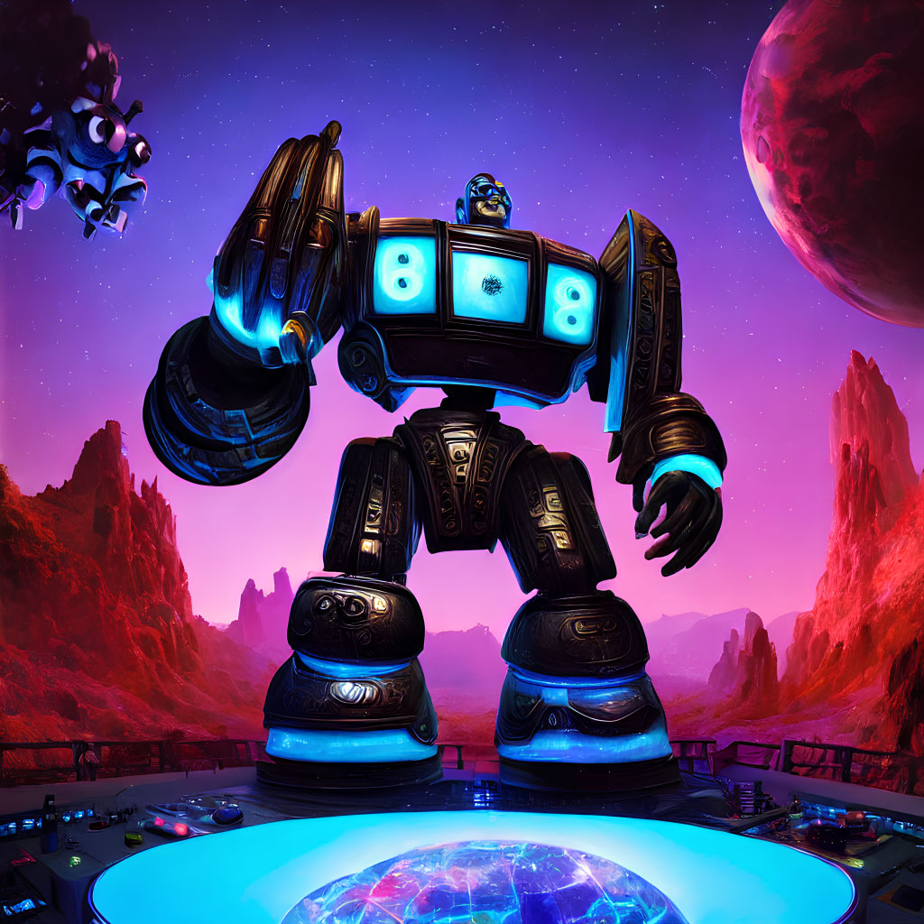 Futuristic humanoid robot DJ at console with purple alien landscape