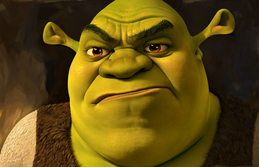 Green animated ogre with fur vest displaying disgruntled face