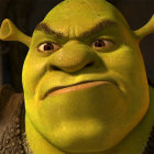 Green animated ogre with fur vest displaying disgruntled face