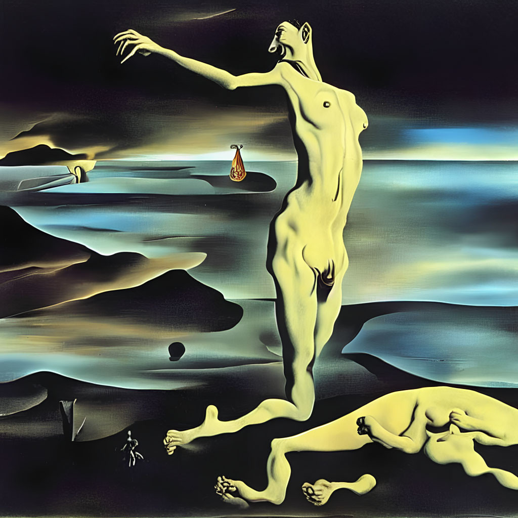 Surreal painting of nude figure with hourglass in dreamlike landscape