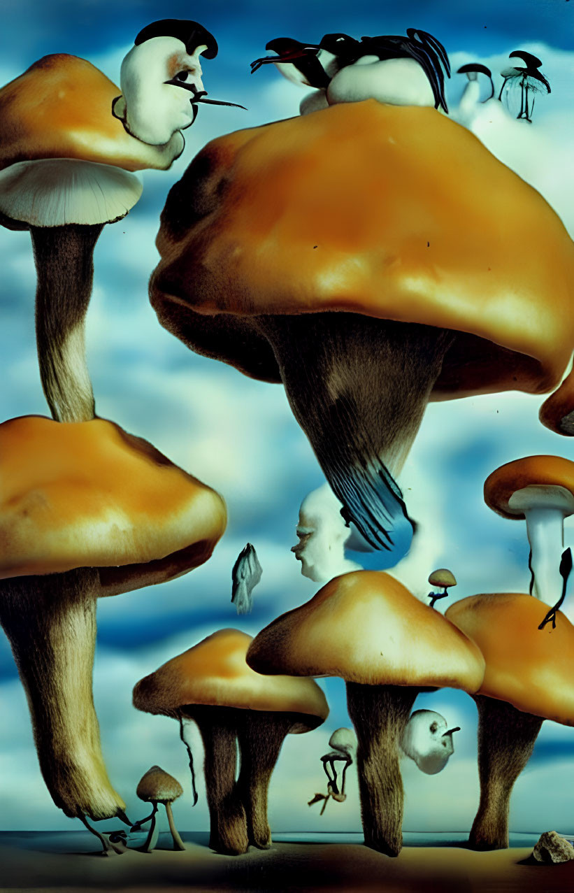 Surreal painting: oversized mushrooms with human faces and small figures on blue sky