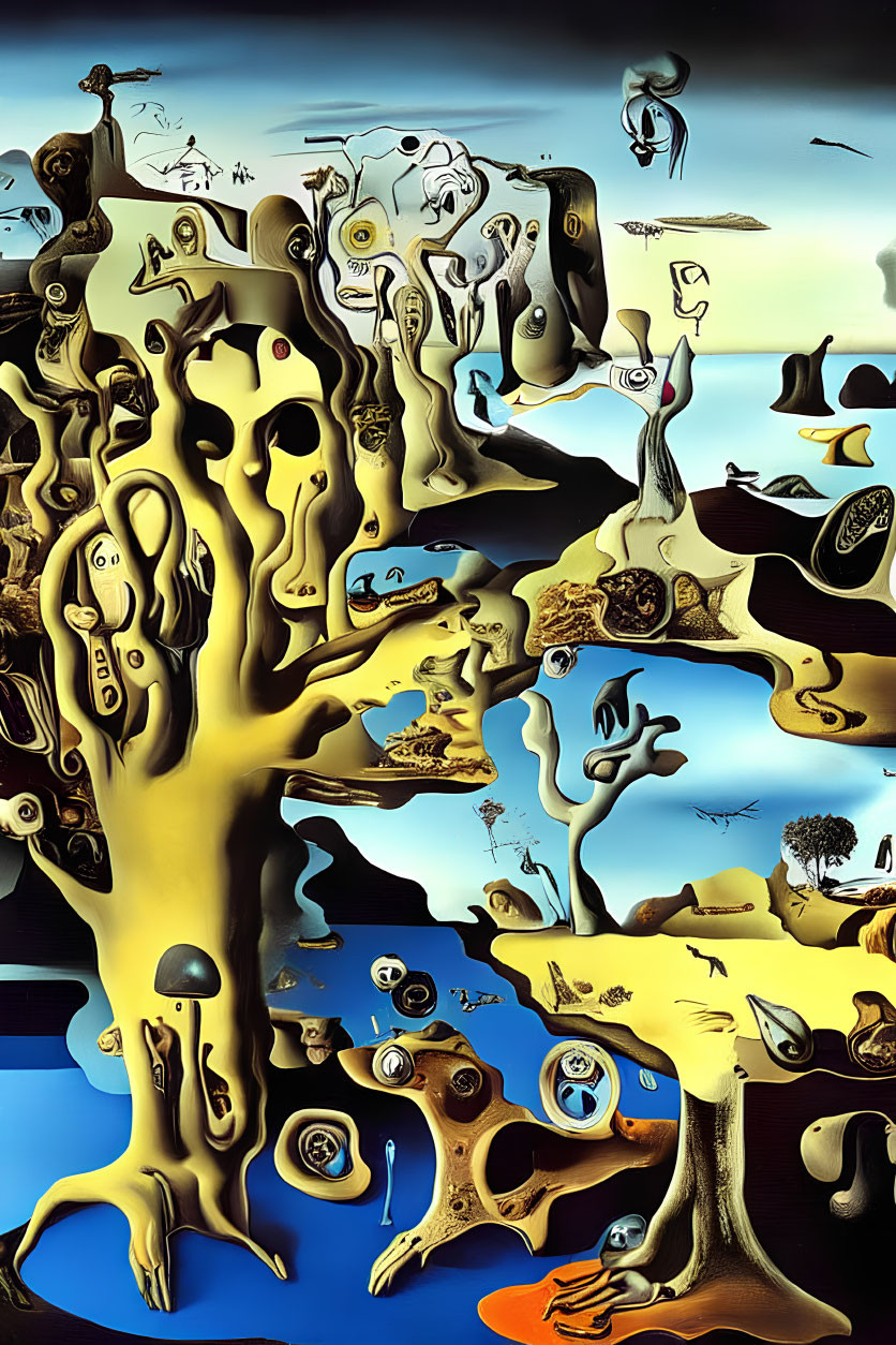 Surreal landscape painting with melting trees and faces in blue, brown, and yellow palette