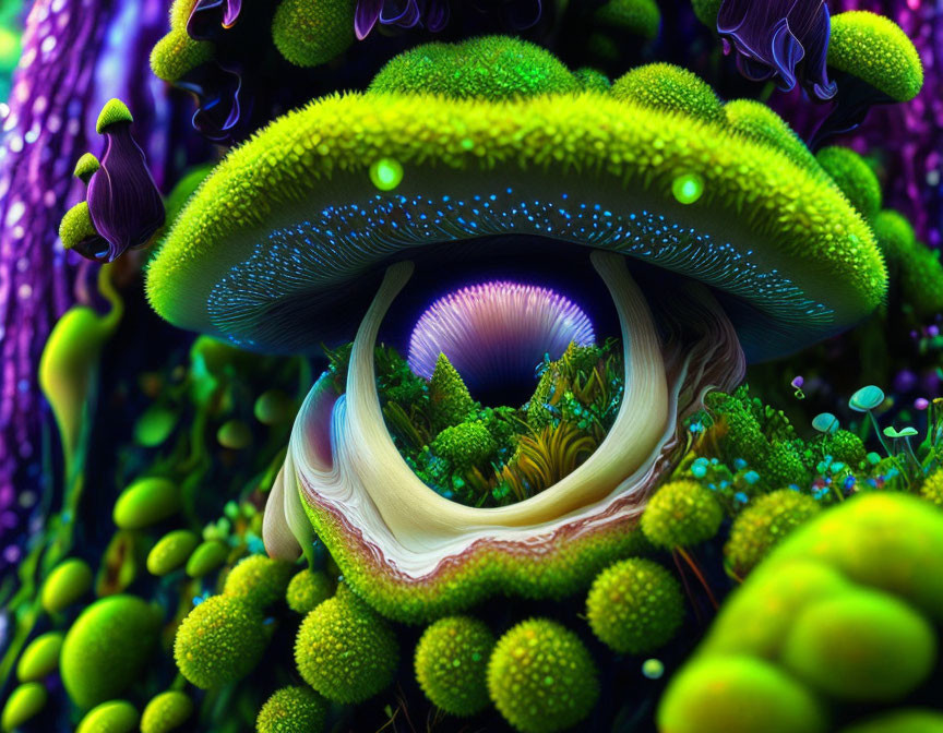 Colorful Surreal Mushroom Structure with Glowing Elements and Portal surrounded by Fantastical Foliage