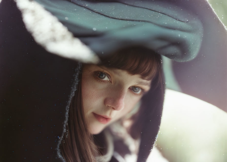 Person with Bangs and Freckles Under Snow-Dusted Hood gazes dreamily.