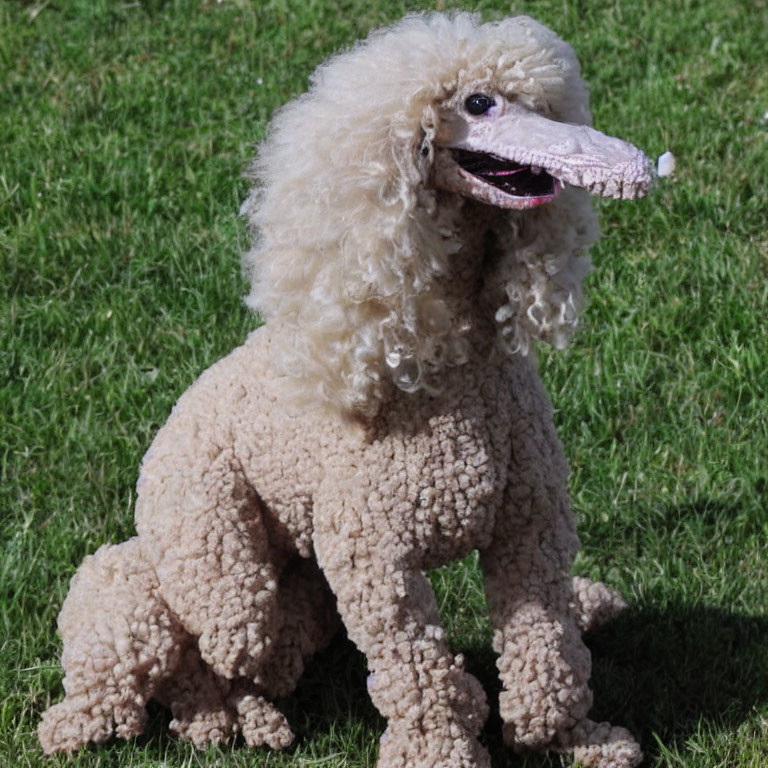Meticulously groomed standard poodle with fluffy curls on grassy field