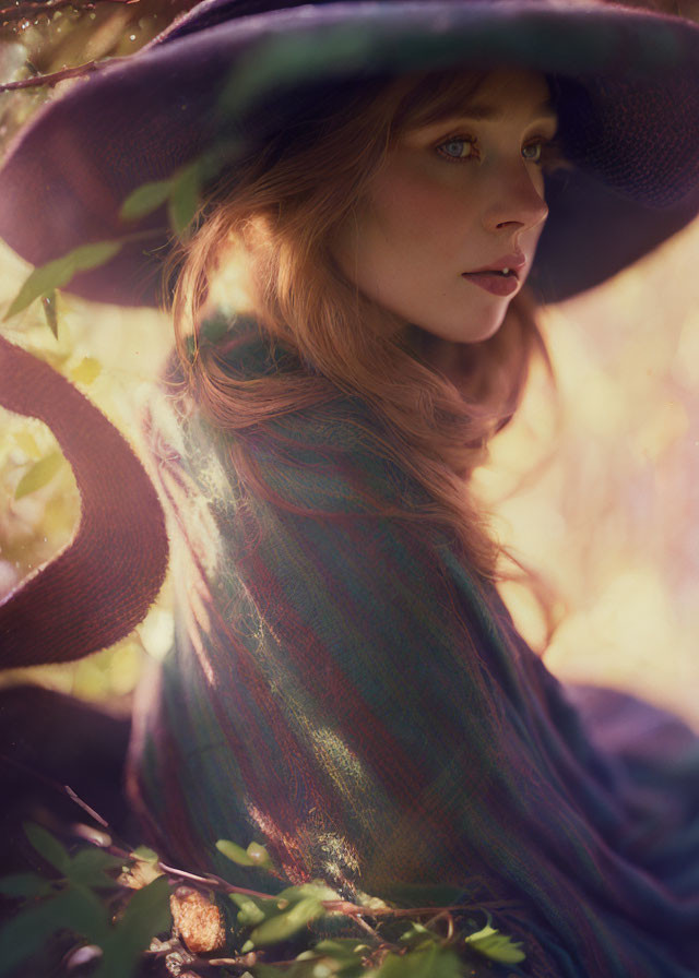 Woman with flowing hair in wide-brimmed hat gazes into sunlit nature