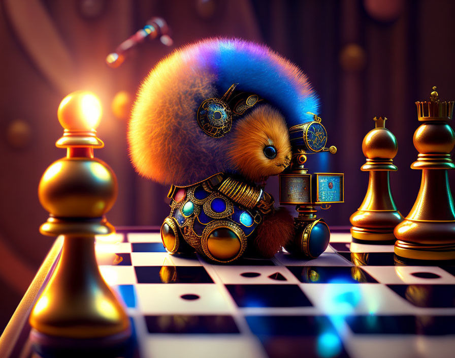 Steampunk-inspired fluffy creature with gears and blue glow on chessboard.