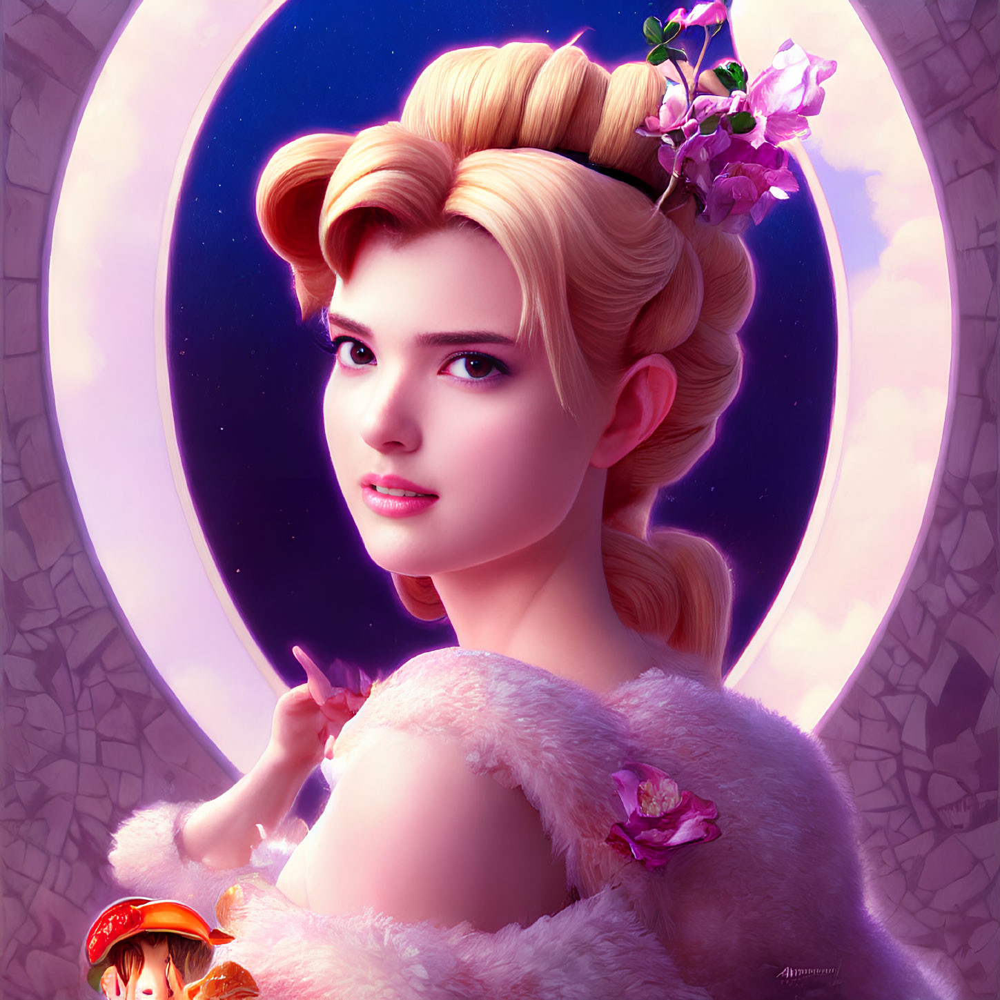 Stylized woman with elegant updo, floral hair, pink fur stole, under moonlight