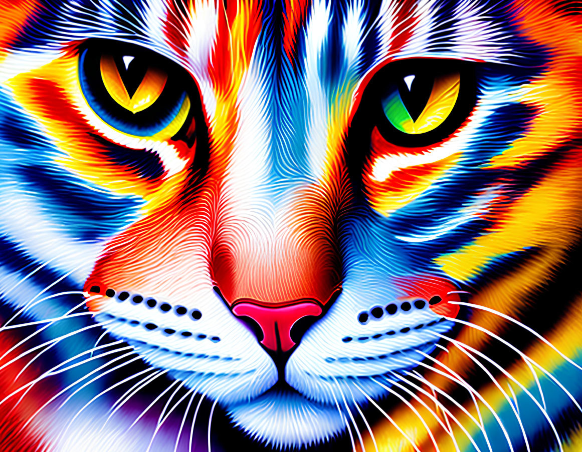 Colorful Close-Up Cat Face with Yellow Eyes in Psychedelic Style